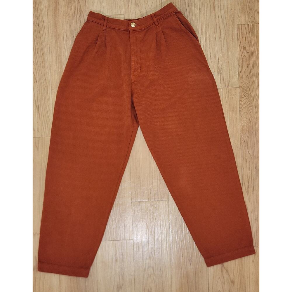 Big Bud Press Trousers Women's M Orange 100% Cotton Pleated Elastic Waist Pants